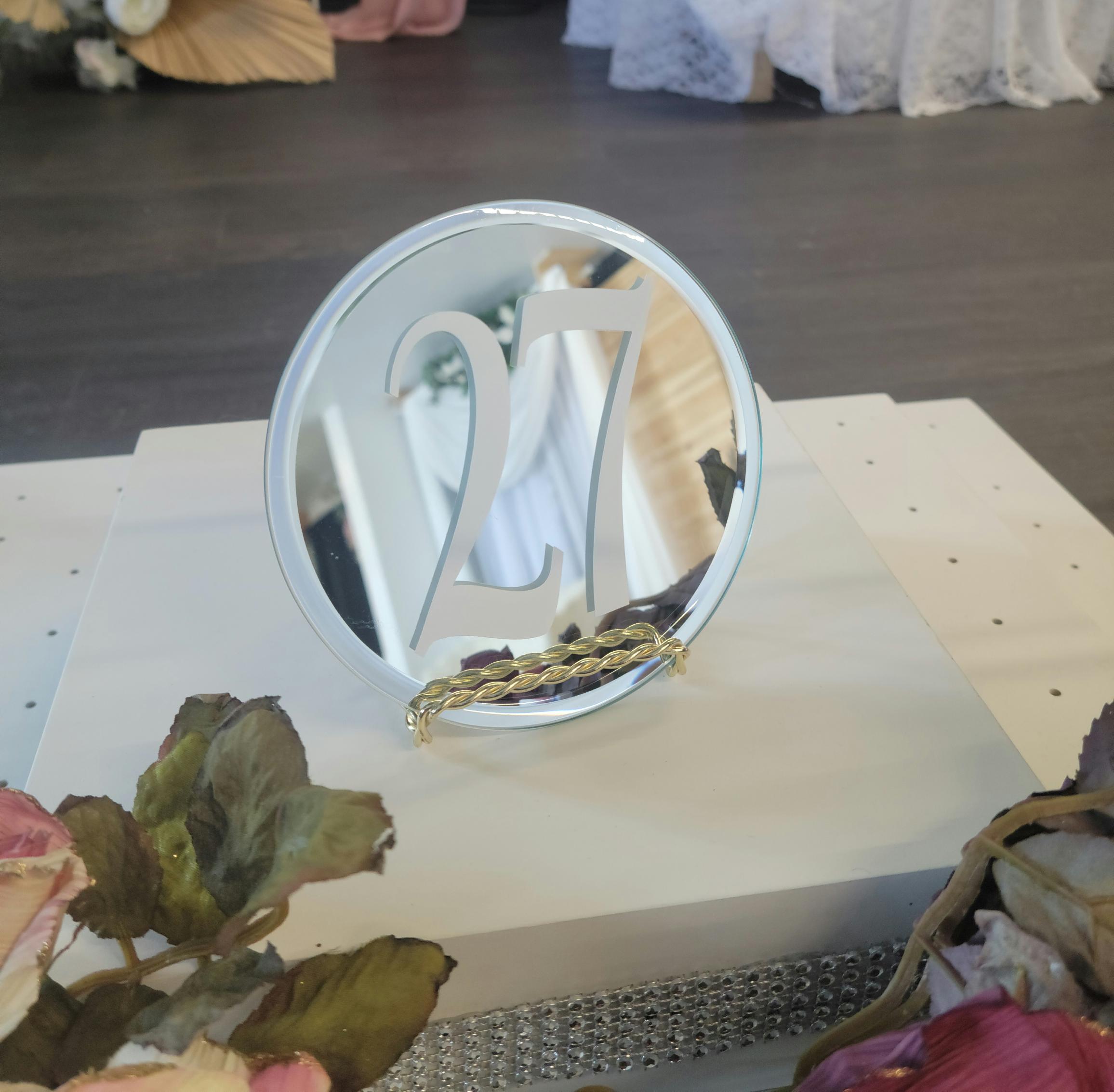 Round Mirror Table Number with Gold Stand Victorian Diamond Events